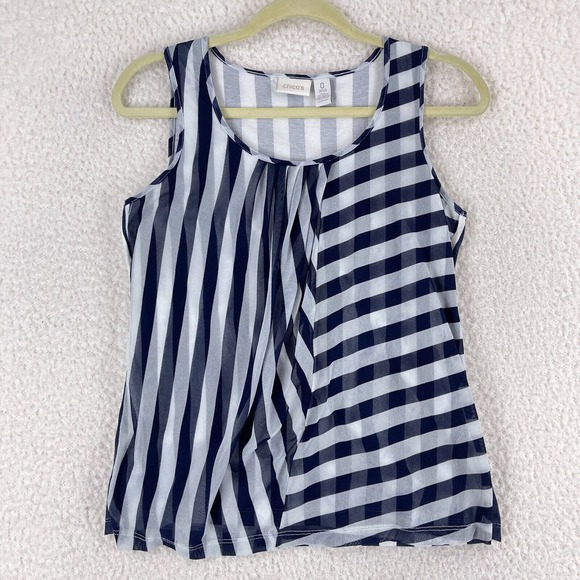 Chico's Blue White Striped Chiffon Tank Top‎ Womens Sleeveless Pullover Size S - Picture 1 of 10